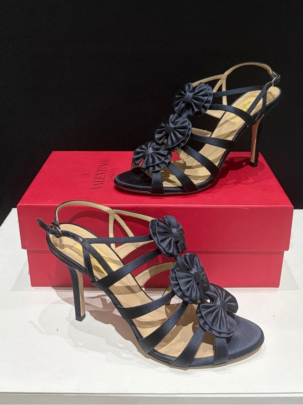 Valentino Navy Satin Cage Floral Rosette Strappy Stiletto Sandals